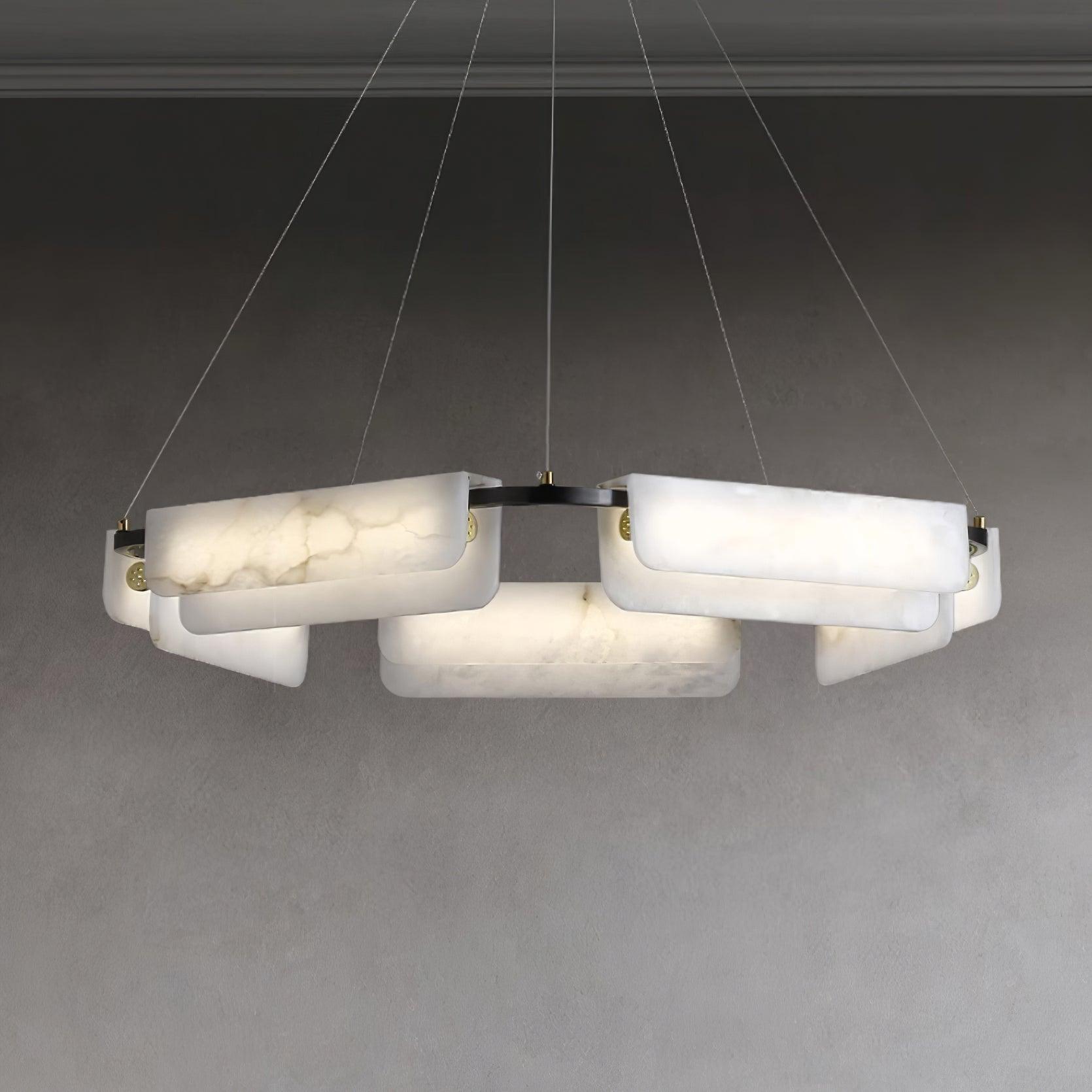 Contemporary Round Alabaster Stone Ring Chandelier with Brass Accents and Integrated LED Lighting