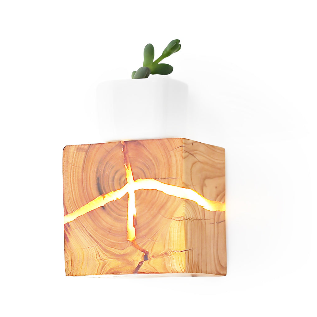 Cracked Wood Grain Square Wall Sconce Rustic Wooden G4 LED Bedside Light for Bedroom