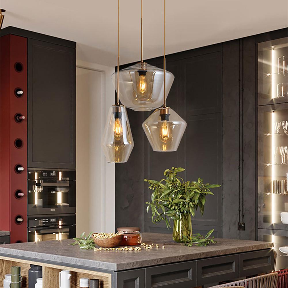 Creative 3 Light Glass LED Pendant Light Fixture Retro Kitchen Island Chandelier for Dining Room