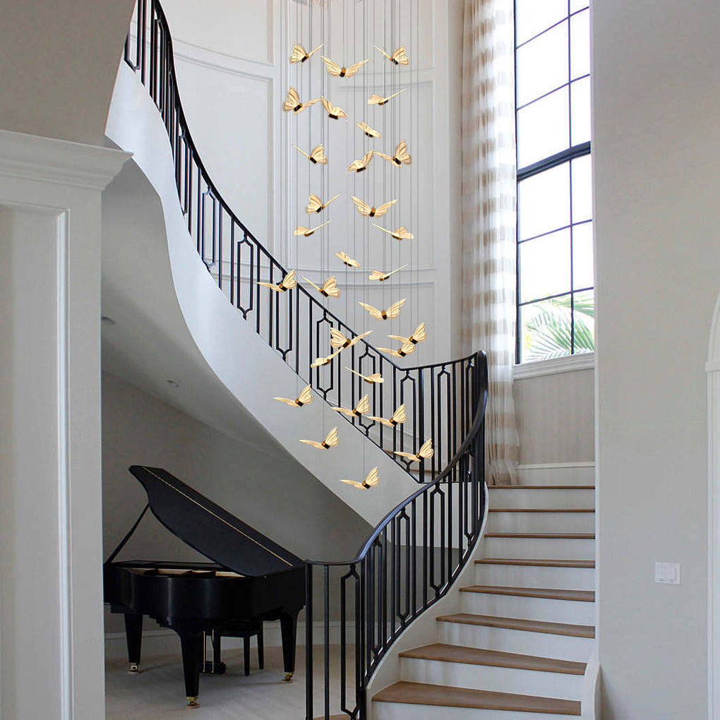Creative Butterfly LED Staircase Chandelier Modern Long High Ceiling Pendant Light