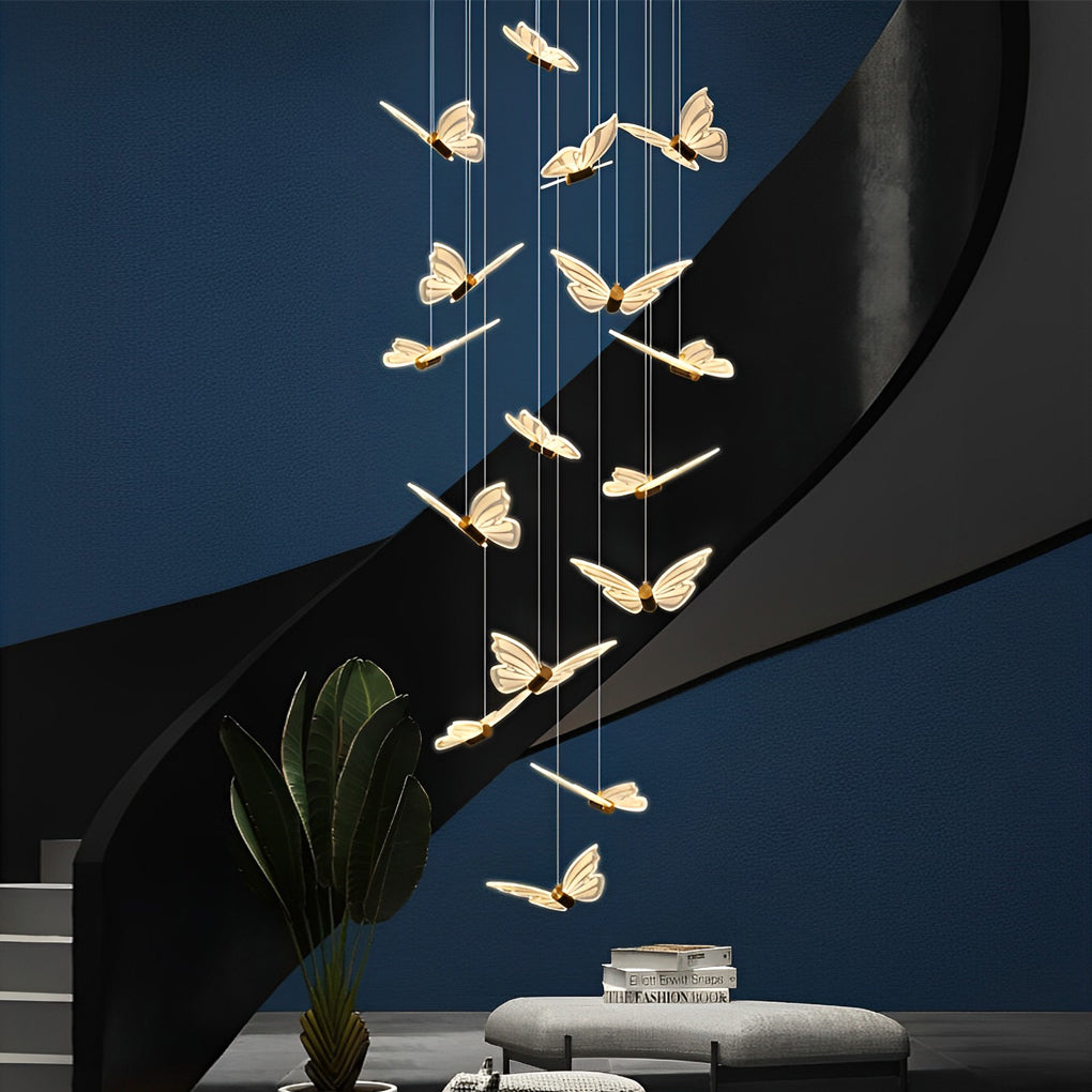 Creative Butterfly LED Staircase Chandelier Modern Long High Ceiling Pendant Light