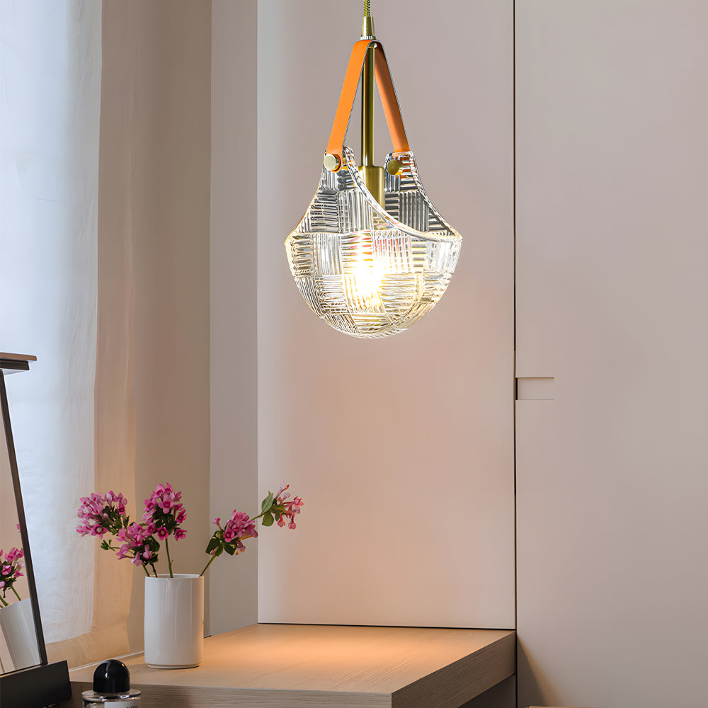 Creative Glass Bag Pendant Light with Leather Handle and Copper Accents Modern Hanging Lamp