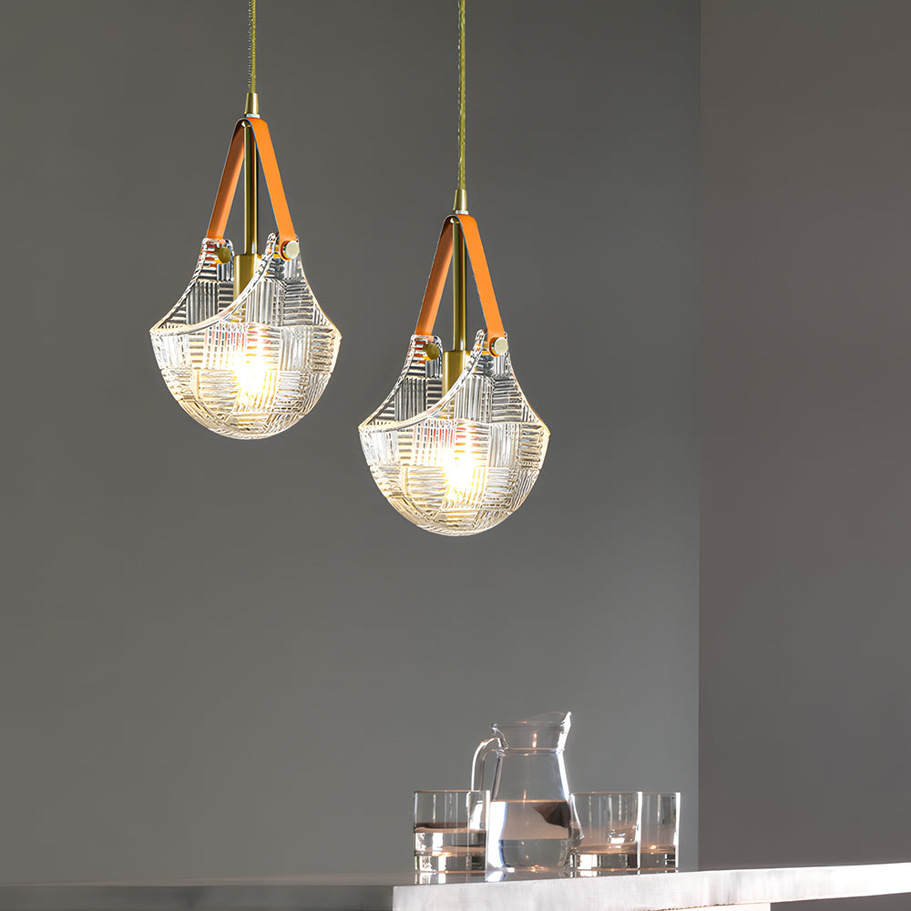 Creative Glass Bag Pendant Light with Leather Handle and Copper Accents Modern Hanging Lamp