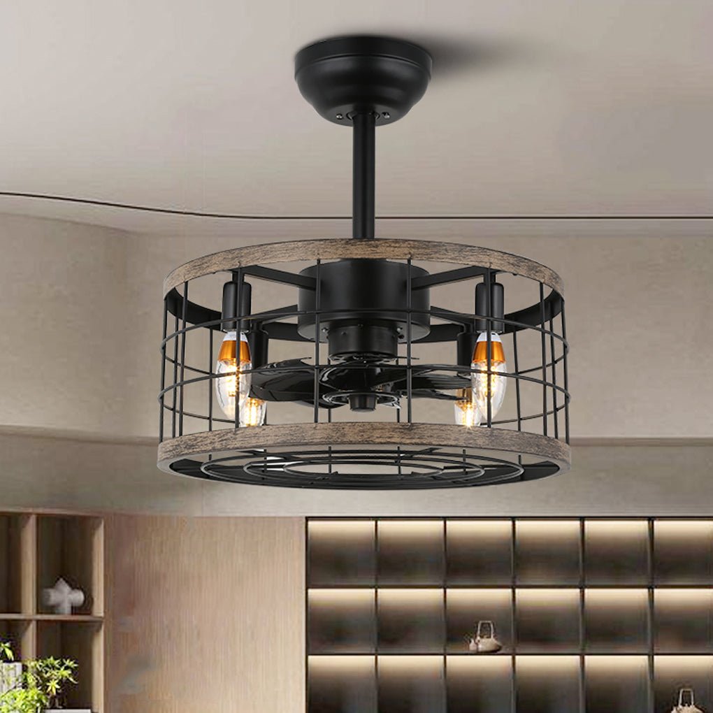 Vintage Industrial Cage Ceiling Fan Light with Quiet Motor and Wrought Iron Housing for Living Room