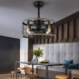 Vintage Industrial Cage Ceiling Fan Light with Quiet Motor and Wrought Iron Housing for Living Room