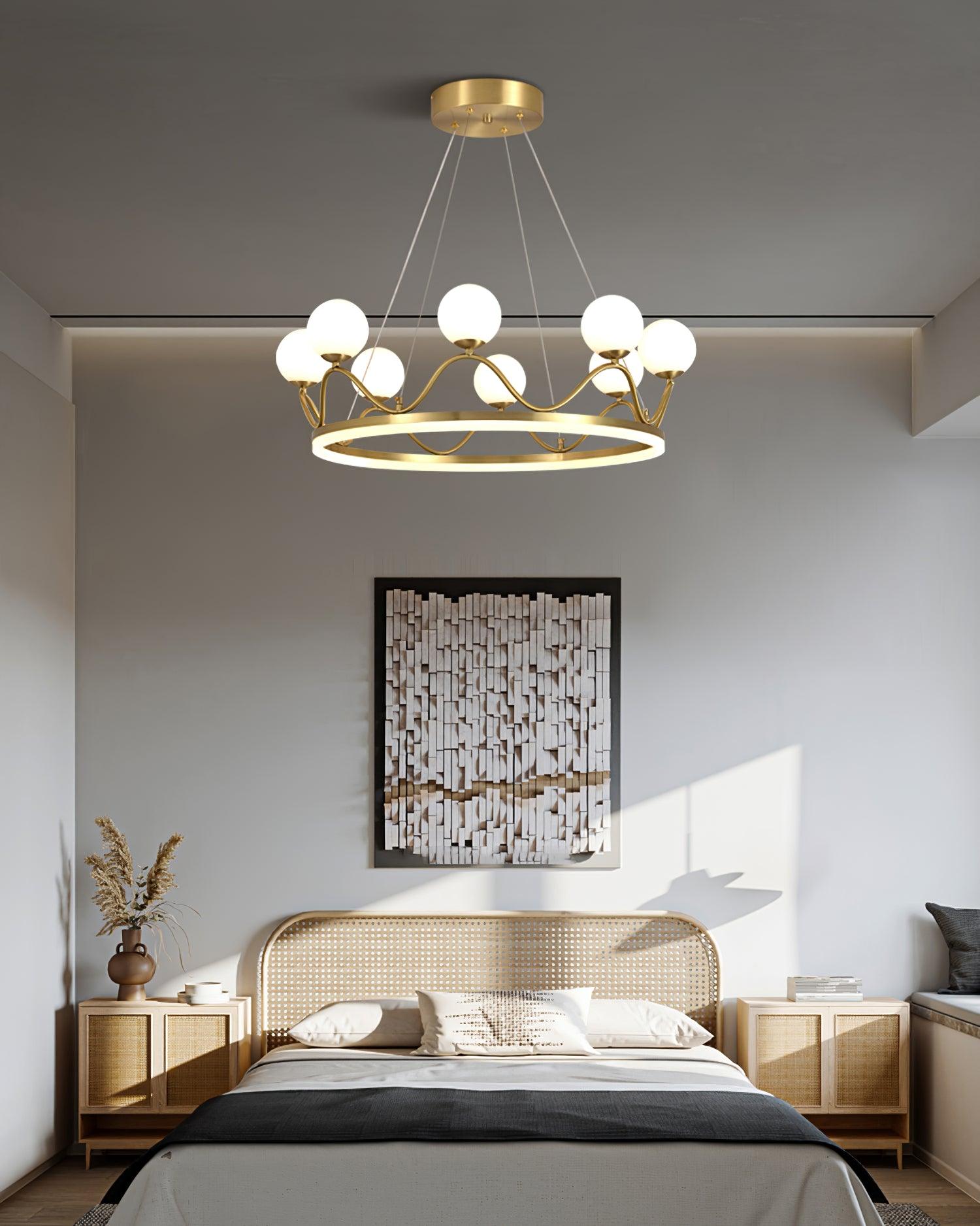 Crown Brass Chandelier with Hand Blown Glass Globes for Luxury Dining Room