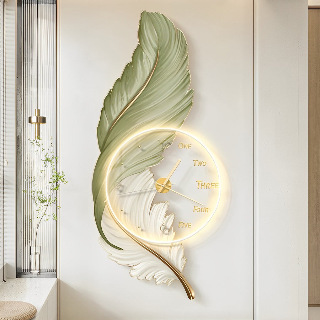 Decorative Feather Painting LED Wall Sconce with Round Acrylic Clock and Remote