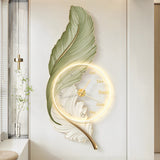 Decorative Feather Painting LED Wall Sconce with Round Acrylic Clock and Remote