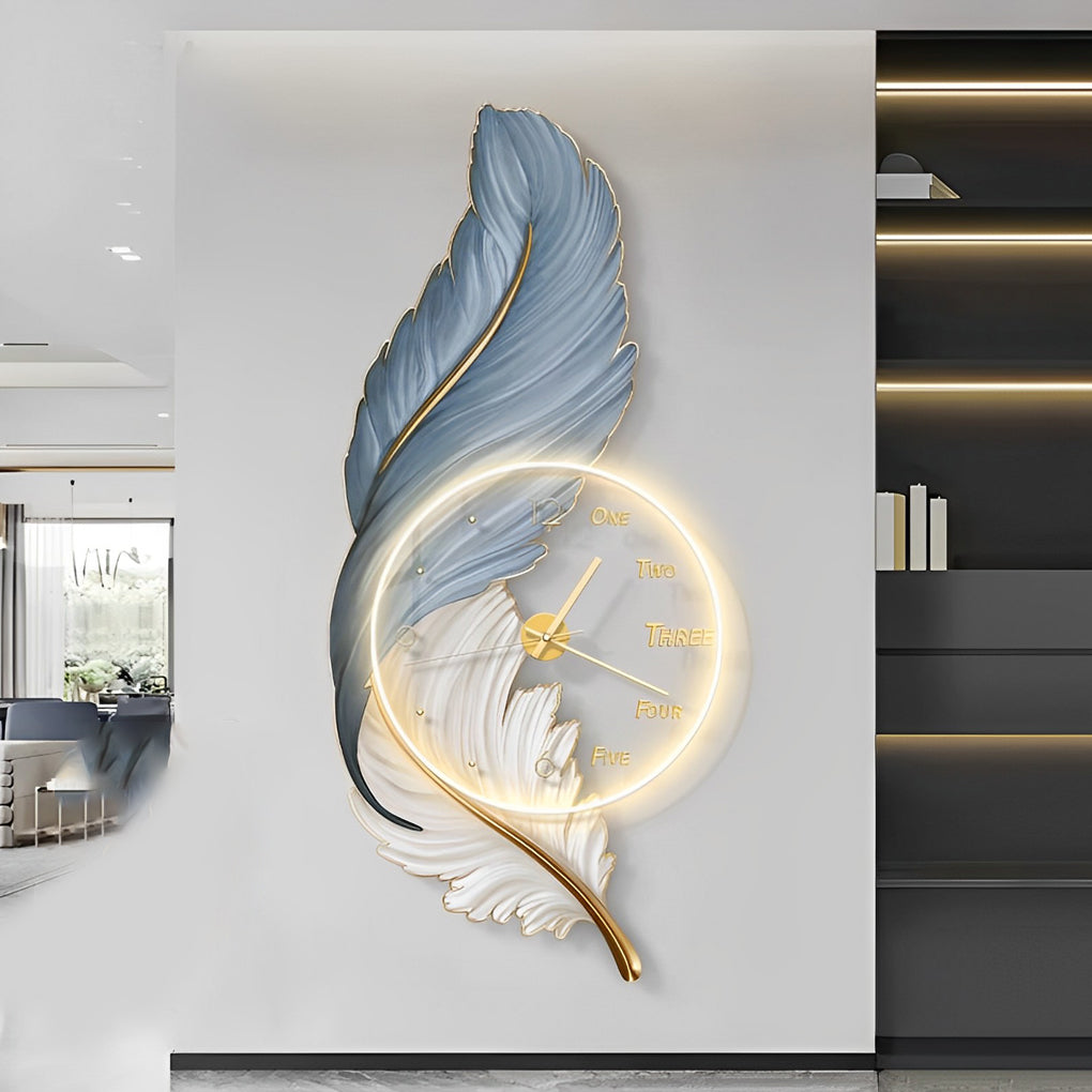 Decorative Feather Painting LED Wall Sconce with Round Acrylic Clock and Remote