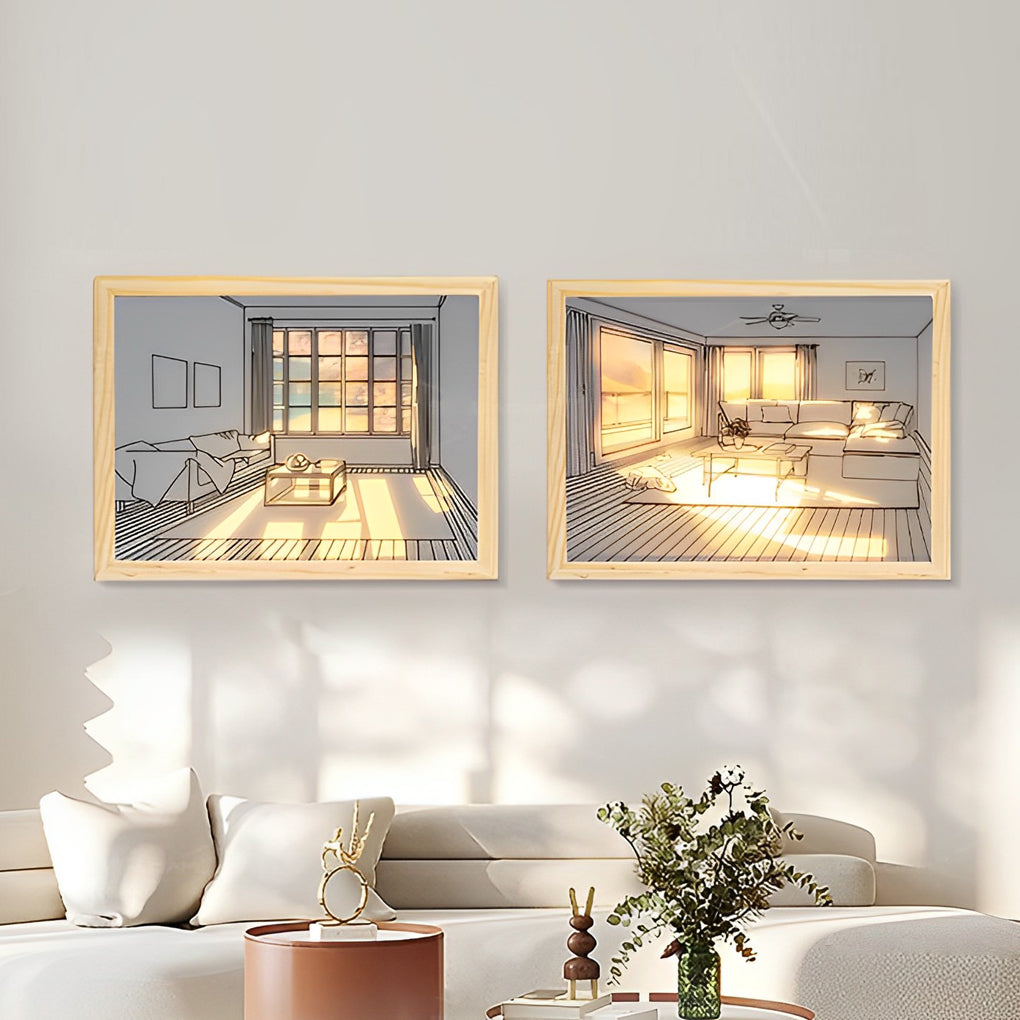 Decorative Wood Frame LED Sunshine Painting Night Light Dimmable Touch Control Lamp