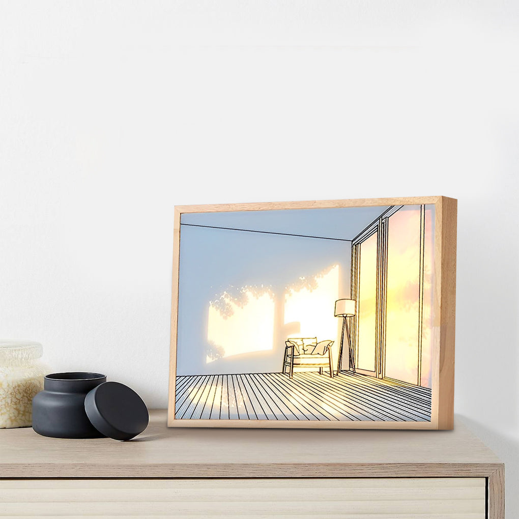 Decorative Wood Frame LED Sunshine Painting Night Light Dimmable Touch Control Lamp