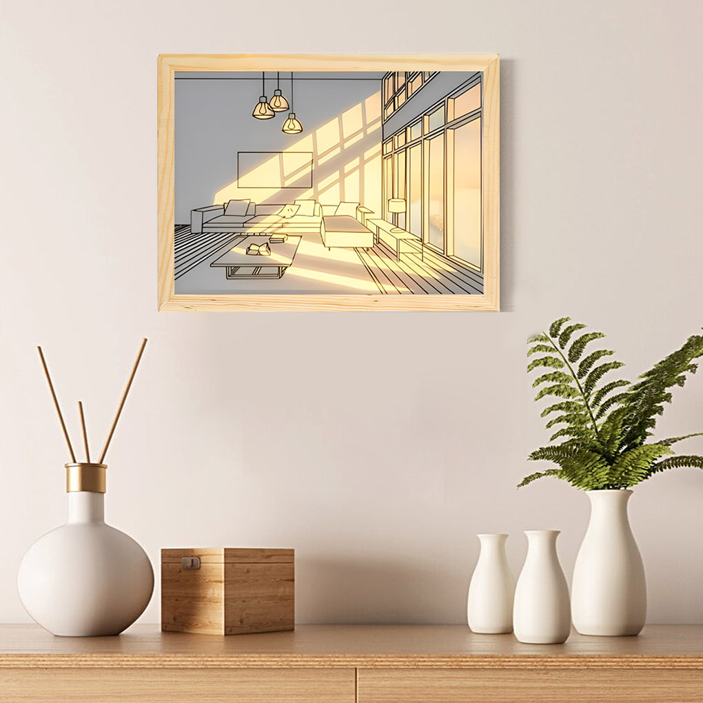 Decorative Wood Frame LED Sunshine Painting Night Light Dimmable Touch Control Lamp
