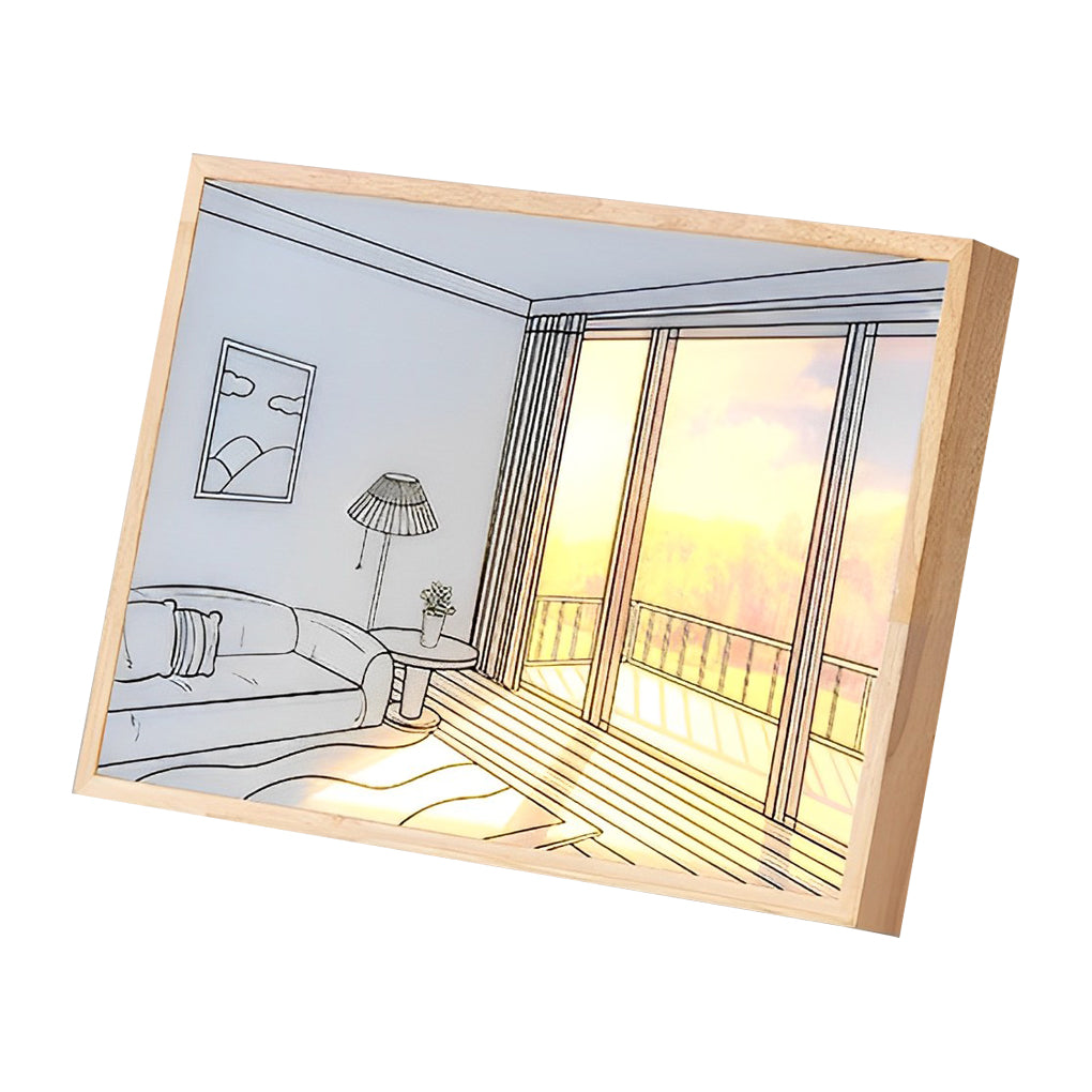 Decorative Wood Frame LED Sunshine Painting Night Light Dimmable Touch Control Lamp