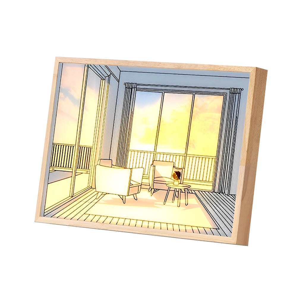 Decorative Wood Frame LED Sunshine Painting Night Light Dimmable Touch Control Lamp
