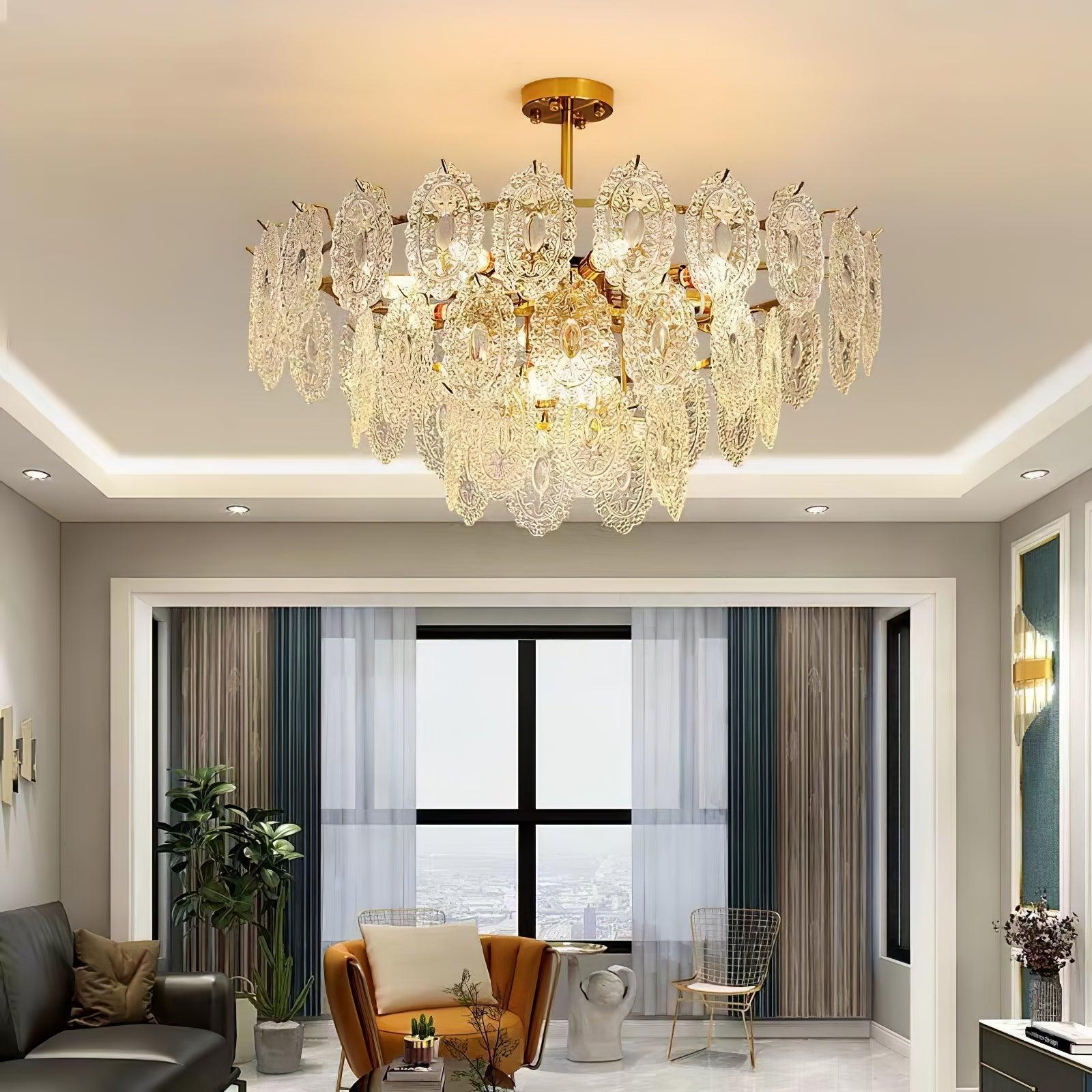 Diamond Texture Wave Glass Gold Chandelier Modern Round Pendant Ceiling Light
