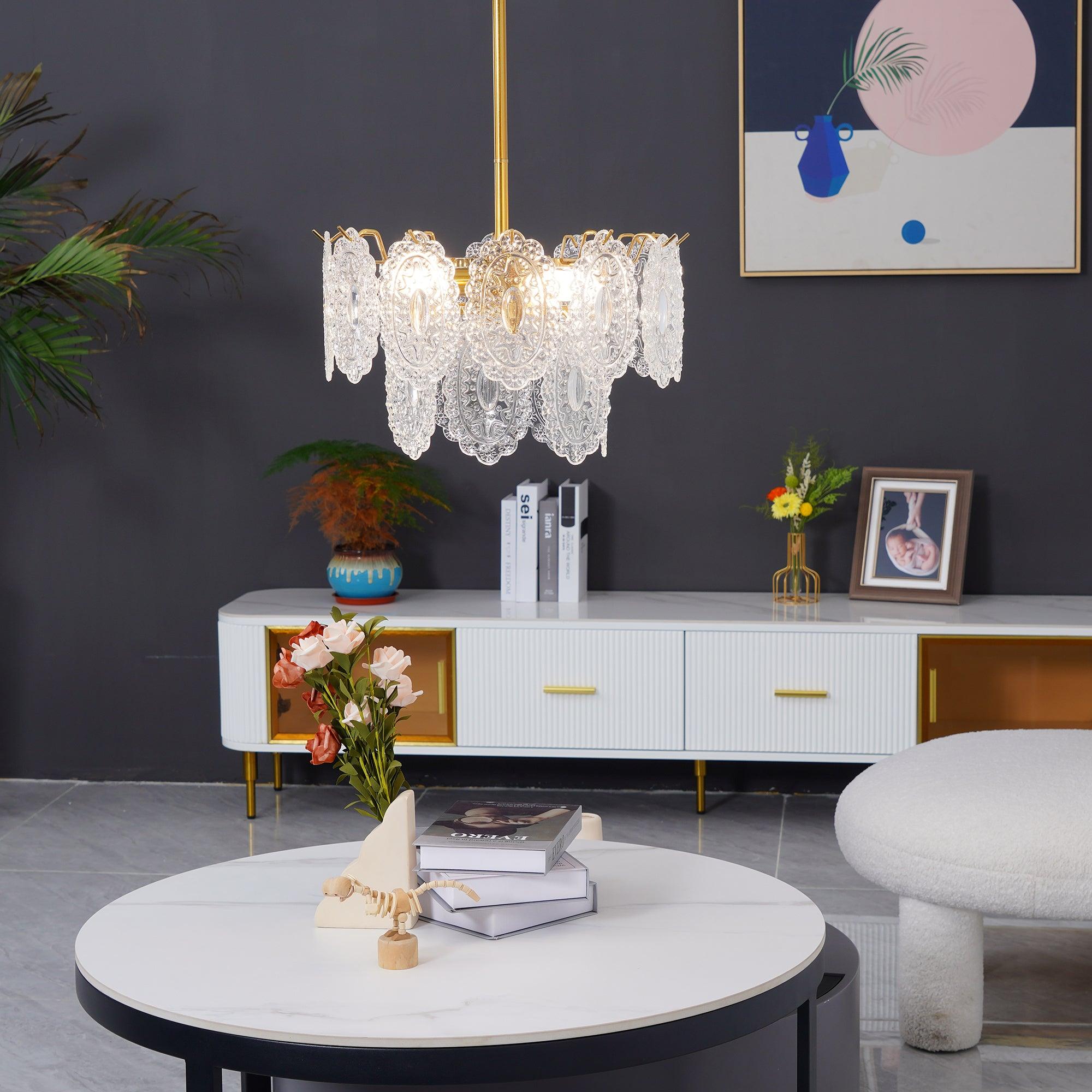 Diamond Texture Wave Glass Gold Chandelier Modern Round Pendant Ceiling Light