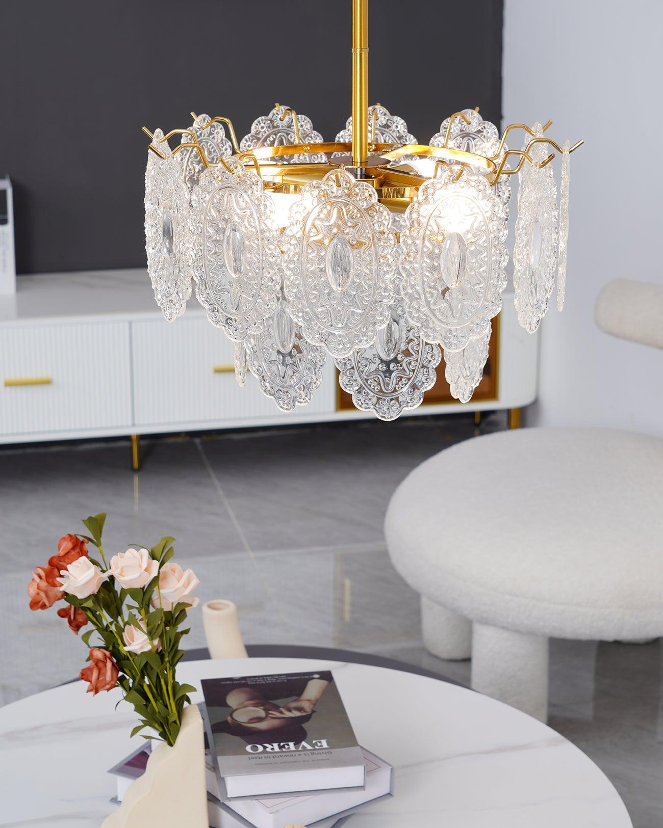 Diamond Texture Wave Glass Gold Chandelier Modern Round Pendant Ceiling Light
