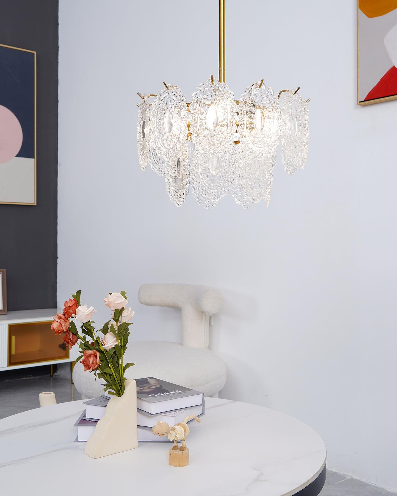 Diamond Texture Wave Glass Gold Chandelier Modern Round Pendant Ceiling Light