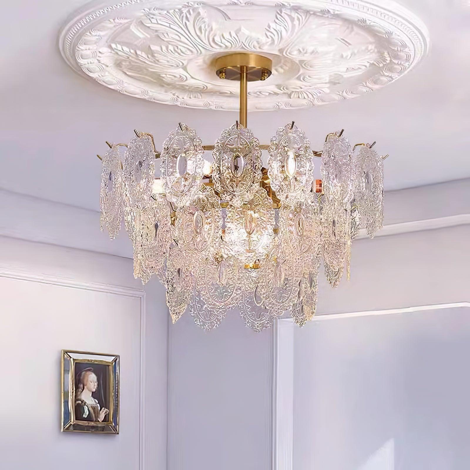 Diamond Texture Wave Glass Gold Chandelier Modern Round Pendant Ceiling Light