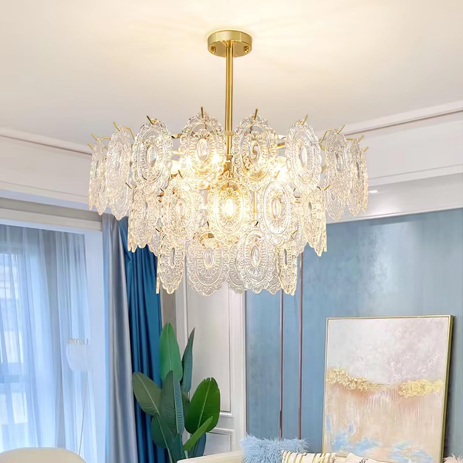 Diamond Texture Wave Glass Gold Chandelier Modern Round Pendant Ceiling Light