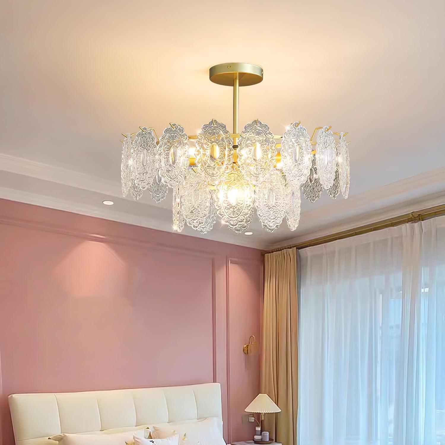 Diamond Texture Wave Glass Gold Chandelier Modern Round Pendant Ceiling Light