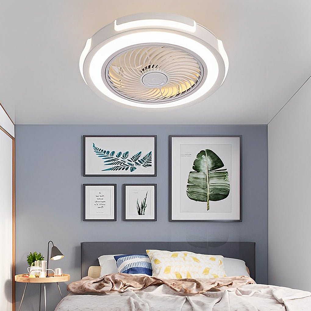 Modern Flush Mount Bladeless Ceiling Fan with Dimmable LED Lighting and Remote Control for Small Rooms