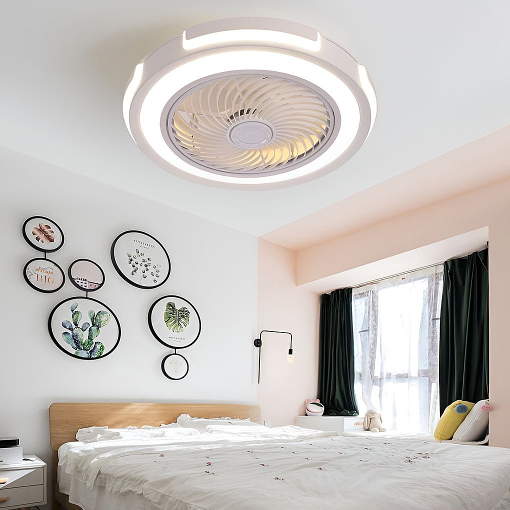 Modern Flush Mount Bladeless Ceiling Fan with Dimmable LED Lighting and Remote Control for Small Rooms