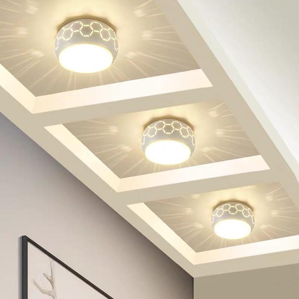 Modern LED Drum Flush Mount Ceiling Light with Geometric Hollow Design for Hallways and Entryways