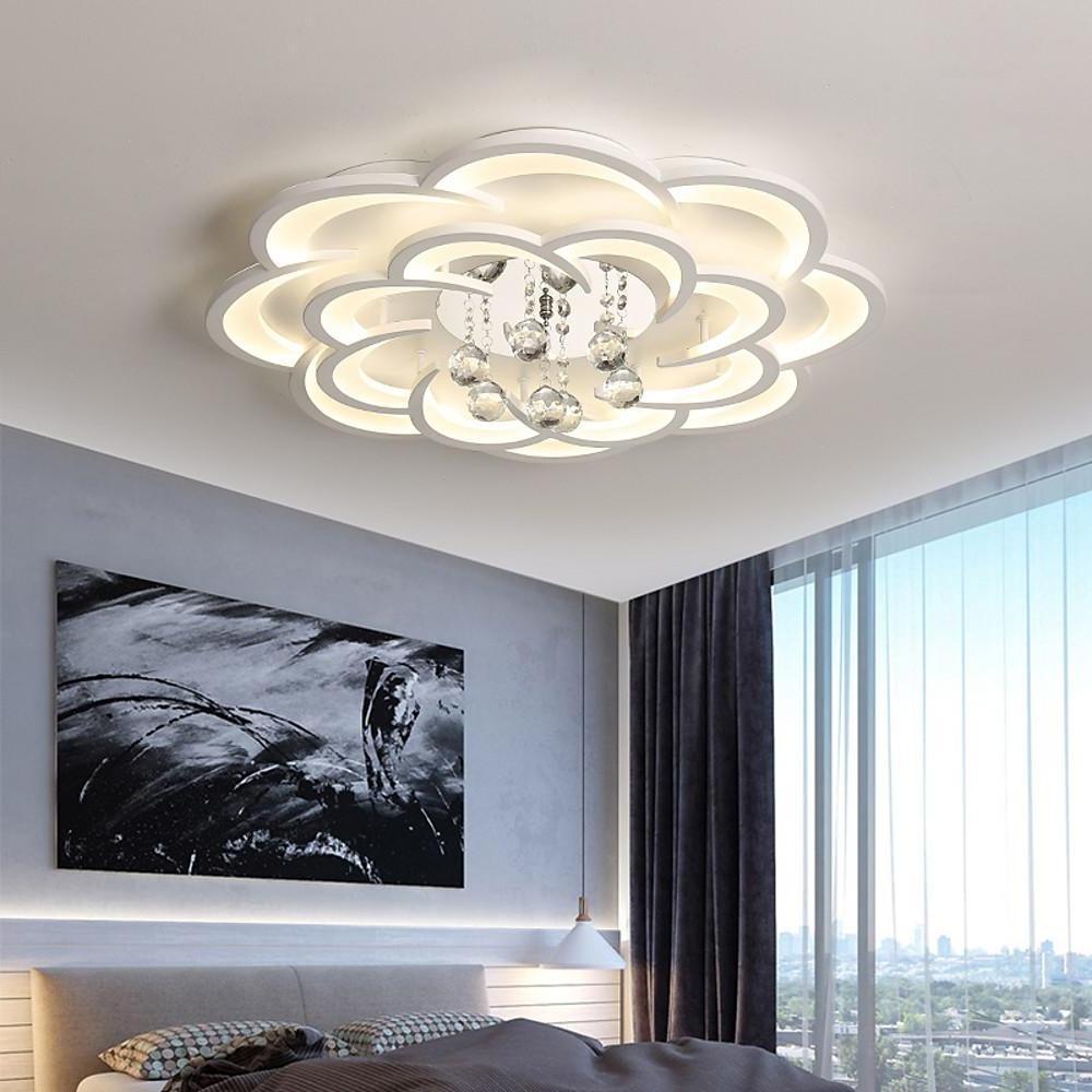 Flower Shaped LED Ceiling Light Flush Mount Fixture with Crystal Pendants for Bedroom Living Room