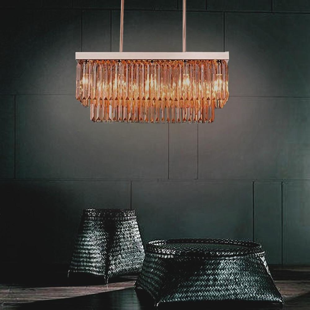 Double Layer Crystal Chandelier Rectangular 8 Light Pendant Lamp for Kitchen Island and Dining Room
