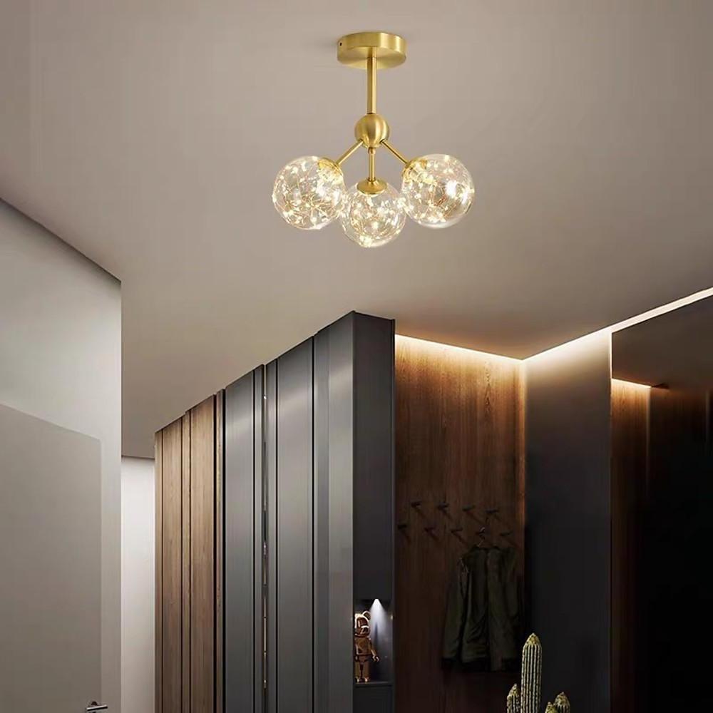 Modern Three Globe Copper and Glass Semi Flush Mount Ceiling Light LED Fixture for Bedroom