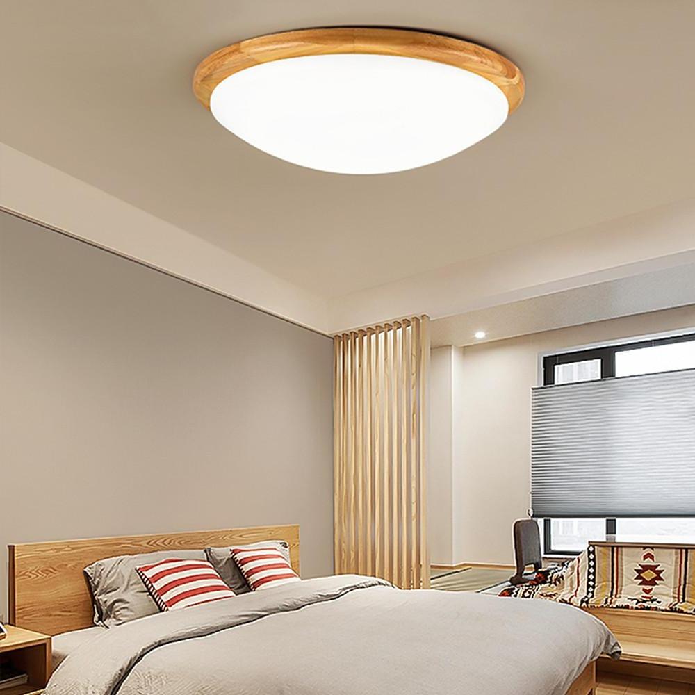 Modern Nordic Wood Flush Mount Ceiling Light 14 Inch Dimmable Bamboo LED Fixture for Bedroom and Office