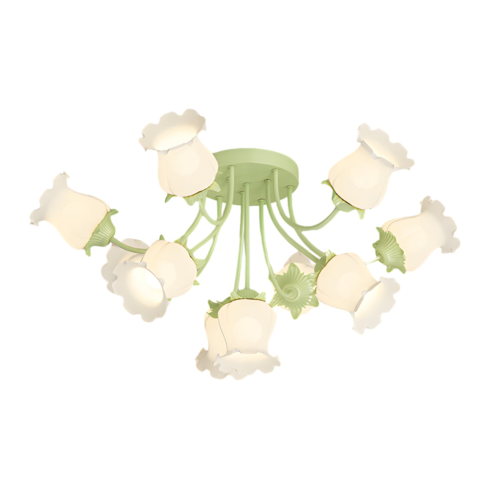Elegant 10 Light Floral Glass Semi Flush Mount Ceiling Fixture with 3 Color Dimming