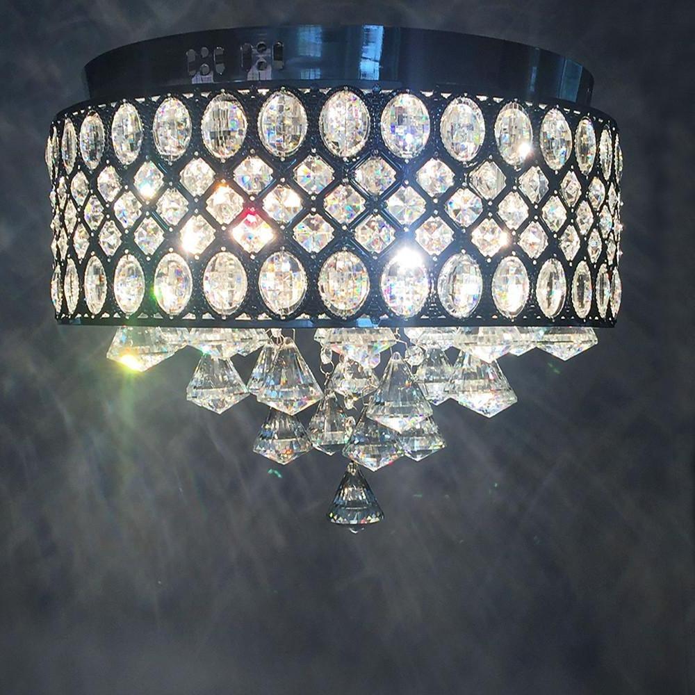 Elegant 15 Inch Crystal Drum Flush Mount Chandelier 4 Light Metal Ceiling Lamp