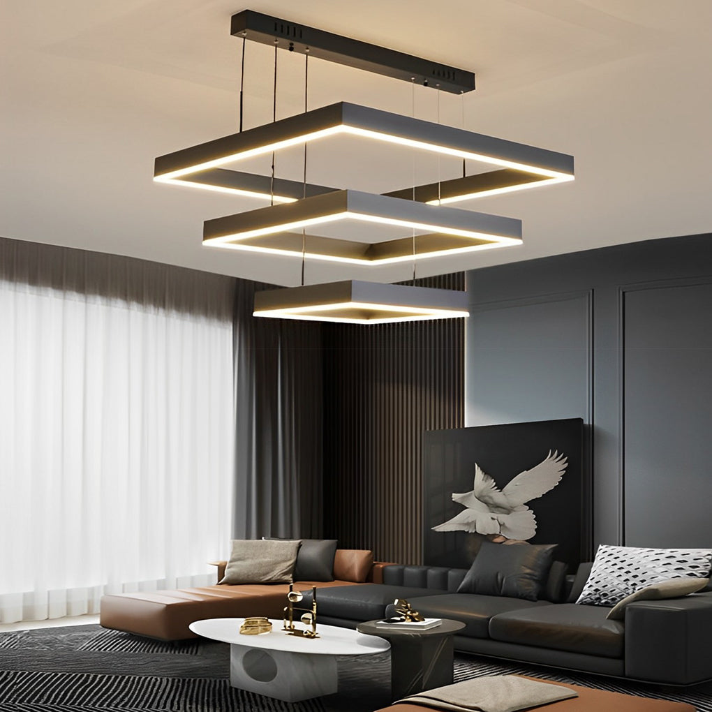 Elegant 3 Tier Black Square LED Chandelier Dimmable Modern Geometric Pendant Light with Remote Control