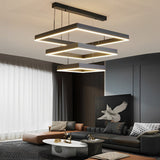 Elegant 3 Tier Black Square LED Chandelier Dimmable Modern Geometric Pendant Light with Remote Control