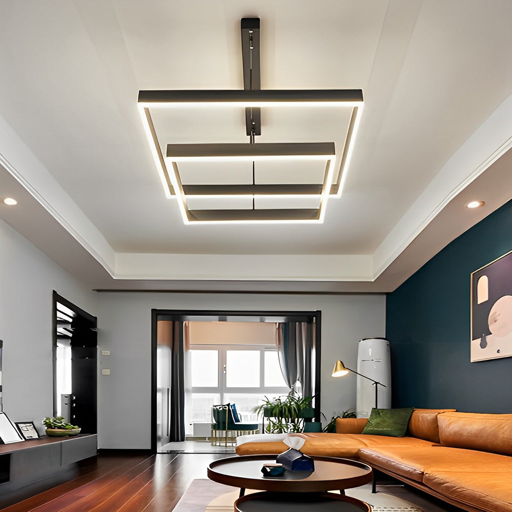 Elegant 3 Tier Black Square LED Chandelier Dimmable Modern Geometric Pendant Light with Remote Control