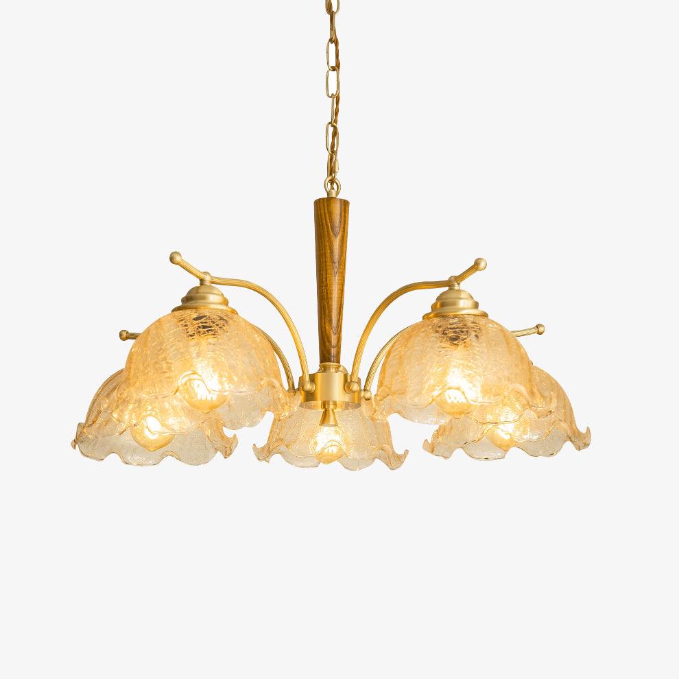 Elegant Amber Crackled Glass Flower Crown Chandelier with Brass Stalks and Ash Wood