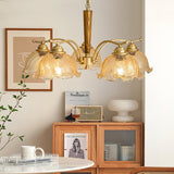 Elegant Amber Crackled Glass Flower Crown Chandelier with Brass Stalks and Ash Wood