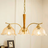 Elegant Amber Crackled Glass Flower Crown Chandelier with Brass Stalks and Ash Wood