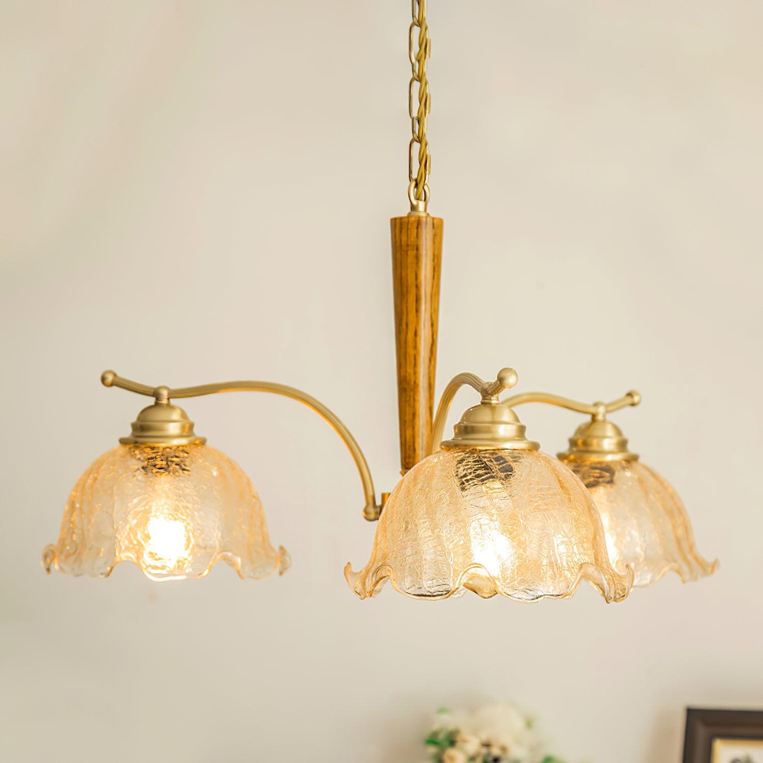 Elegant Amber Crackled Glass Flower Crown Chandelier with Brass Stalks and Ash Wood