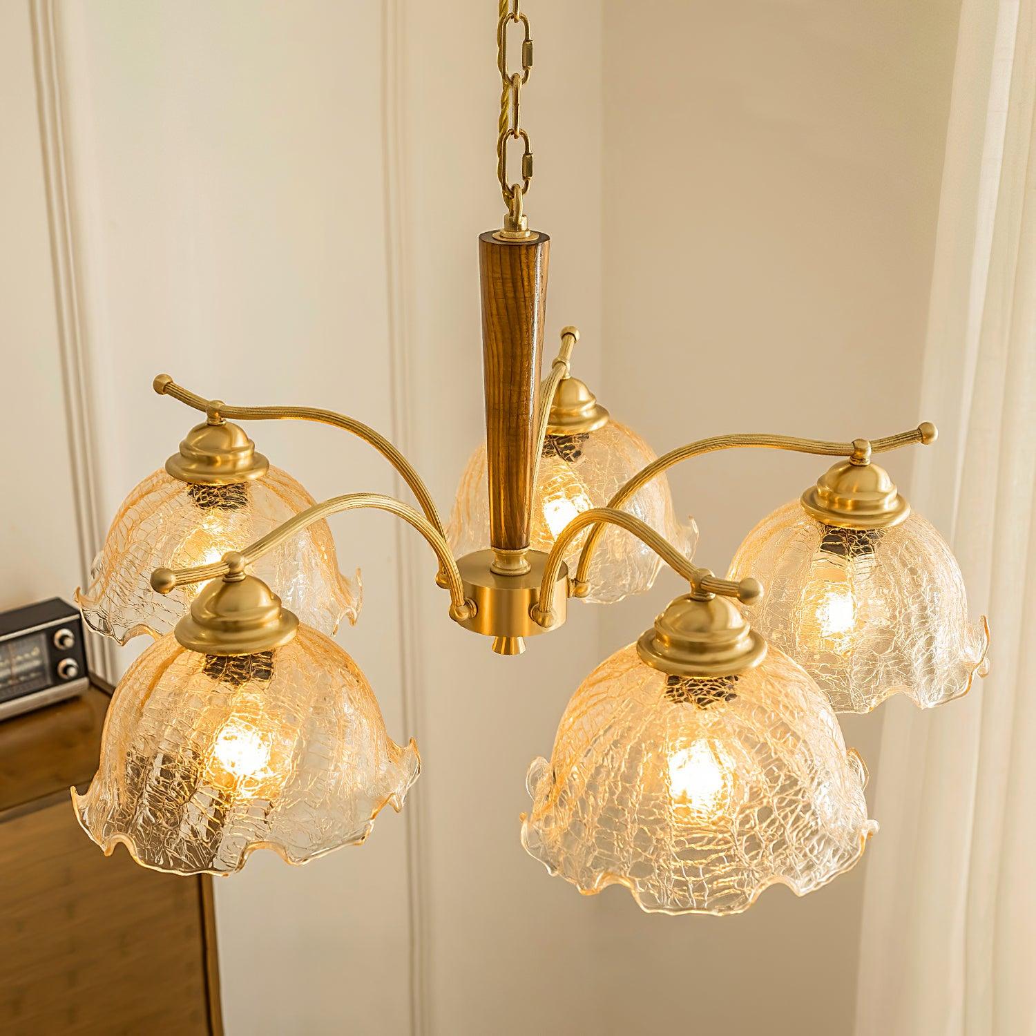 Elegant Amber Crackled Glass Flower Crown Chandelier with Brass Stalks and Ash Wood