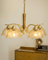 Elegant Amber Crackled Glass Flower Crown Chandelier with Brass Stalks and Ash Wood