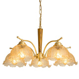 Elegant Amber Crackled Glass Flower Crown Chandelier with Brass Stalks and Ash Wood