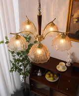Elegant Amber Crackled Glass Flower Crown Chandelier with Brass Stalks and Ash Wood