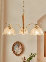 Elegant Amber Crackled Glass Flower Crown Chandelier with Brass Stalks and Ash Wood