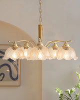 Elegant Amber Crackled Glass Flower Crown Chandelier with Brass Stalks and Ash Wood
