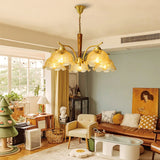 Elegant Amber Crackled Glass Flower Crown Chandelier with Brass Stalks and Ash Wood