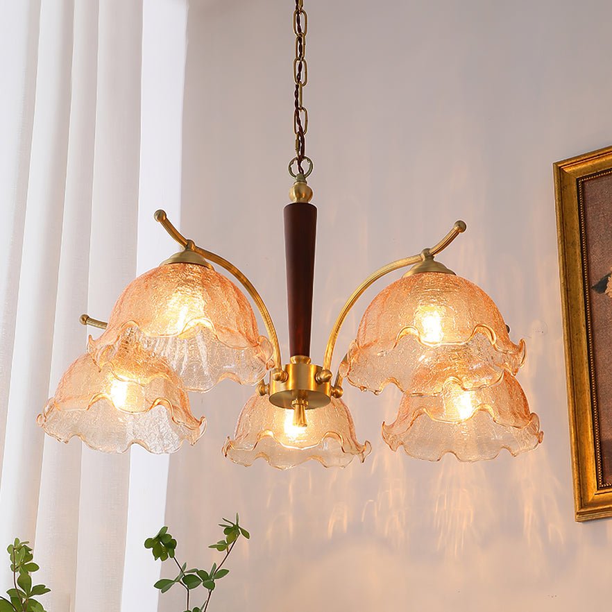 Elegant Amber Crackled Glass Flower Crown Chandelier with Brass Stalks and Ash Wood