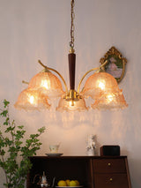 Elegant Amber Crackled Glass Flower Crown Chandelier with Brass Stalks and Ash Wood